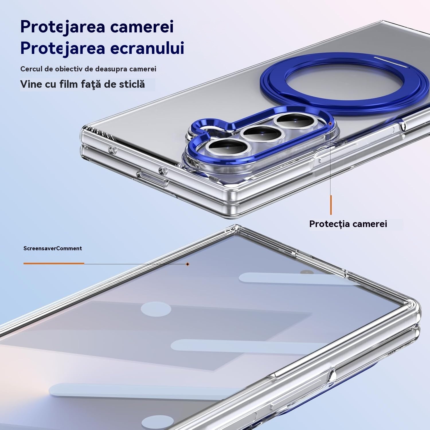 Husa Transparenta, Compatibila cu Samsung Galaxy Z Fold 7, Esther Beauty®, cu Magnet Integrat si Suport Metalic Reglabil si Folie de protectie pentru ecran, Protectie 360°, Albastru
