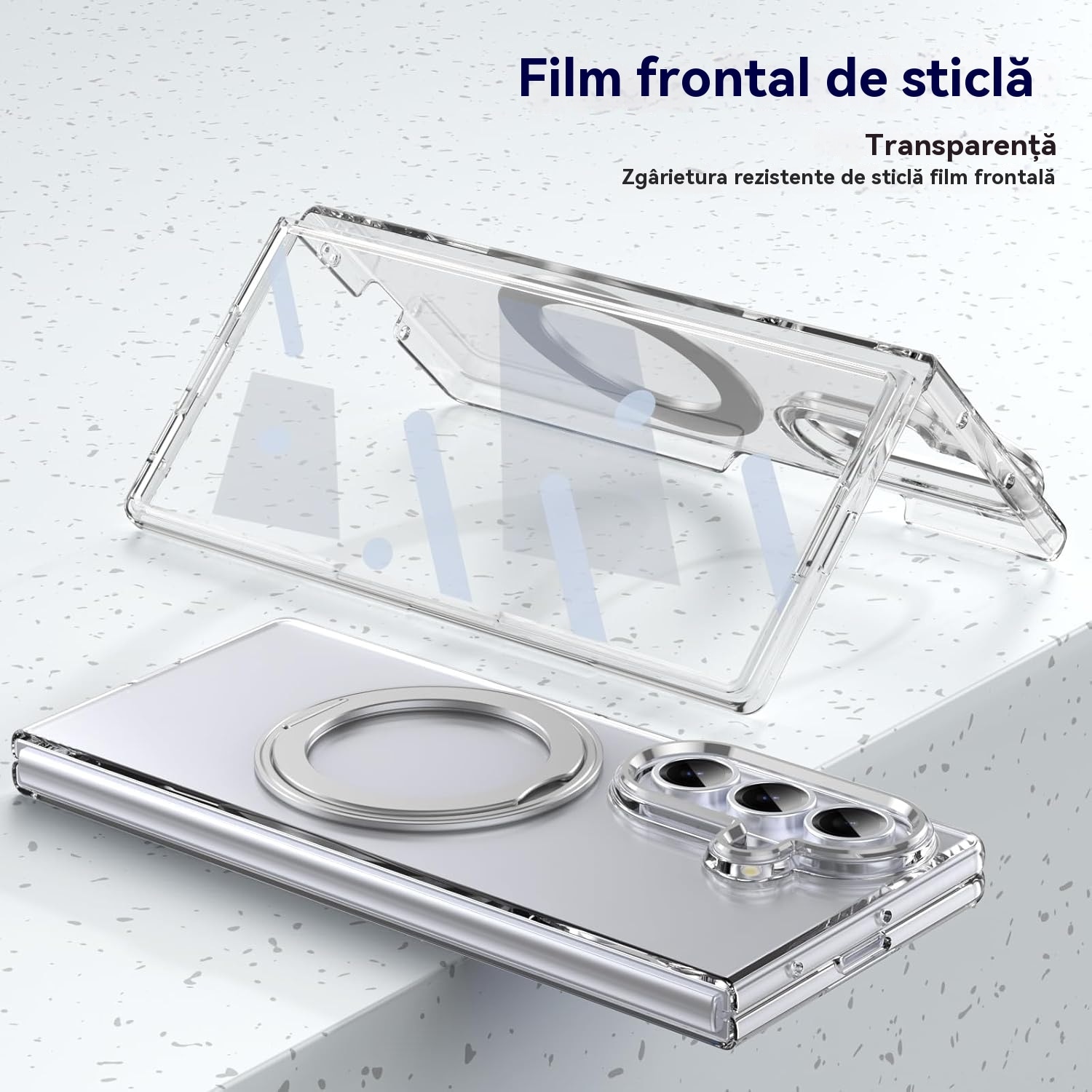 Husa Transparenta, Compatibila cu Samsung Galaxy Z Fold 7, Esther Beauty®, cu Magnet Integrat si Suport Metalic Reglabil si Folie de protectie pentru ecran, Protectie 360°, Argintiu