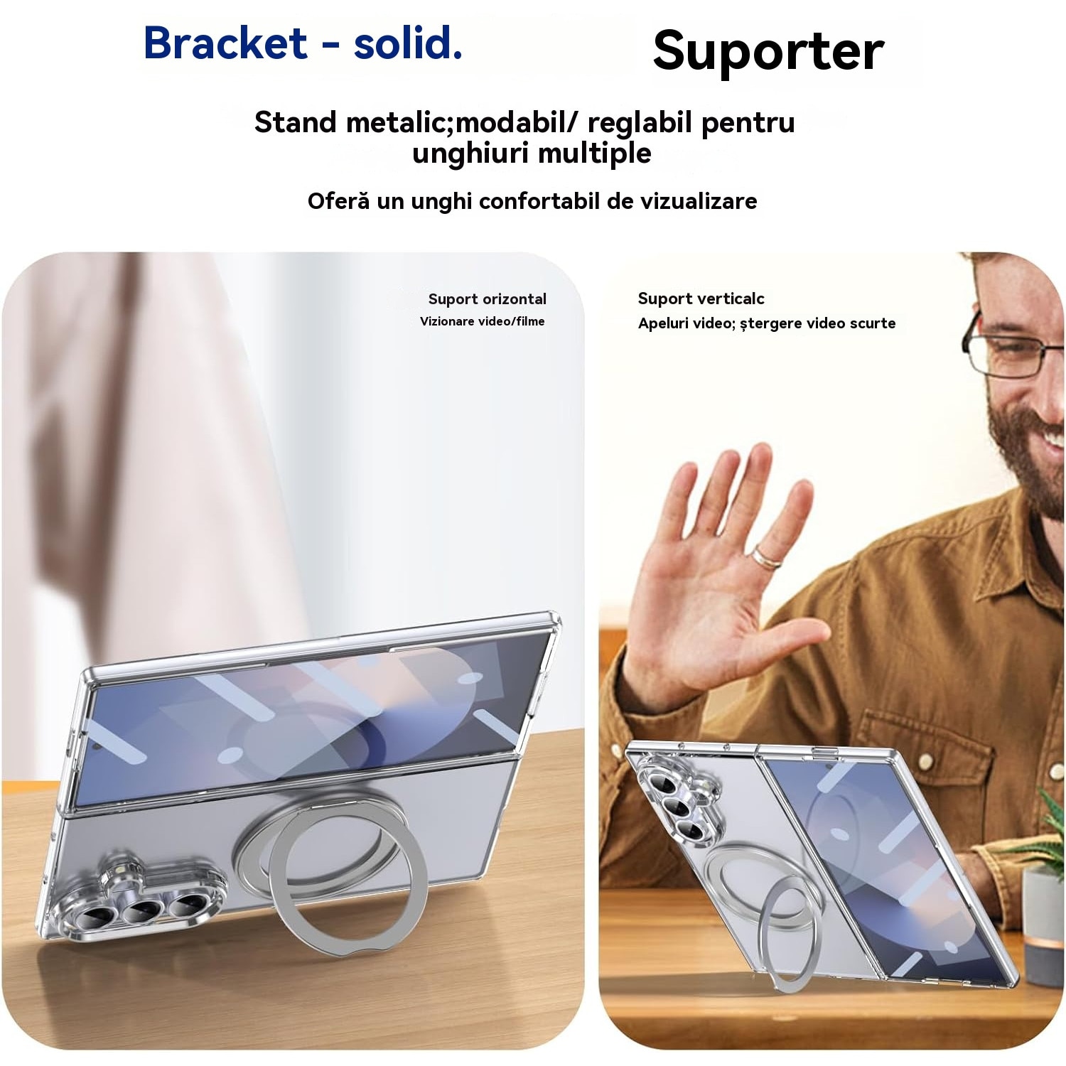 Husa Transparenta, Compatibila cu Samsung Galaxy Z Fold 7, Esther Beauty®, cu Magnet Integrat si Suport Metalic Reglabil si Folie de protectie pentru ecran, Protectie 360°, Argintiu