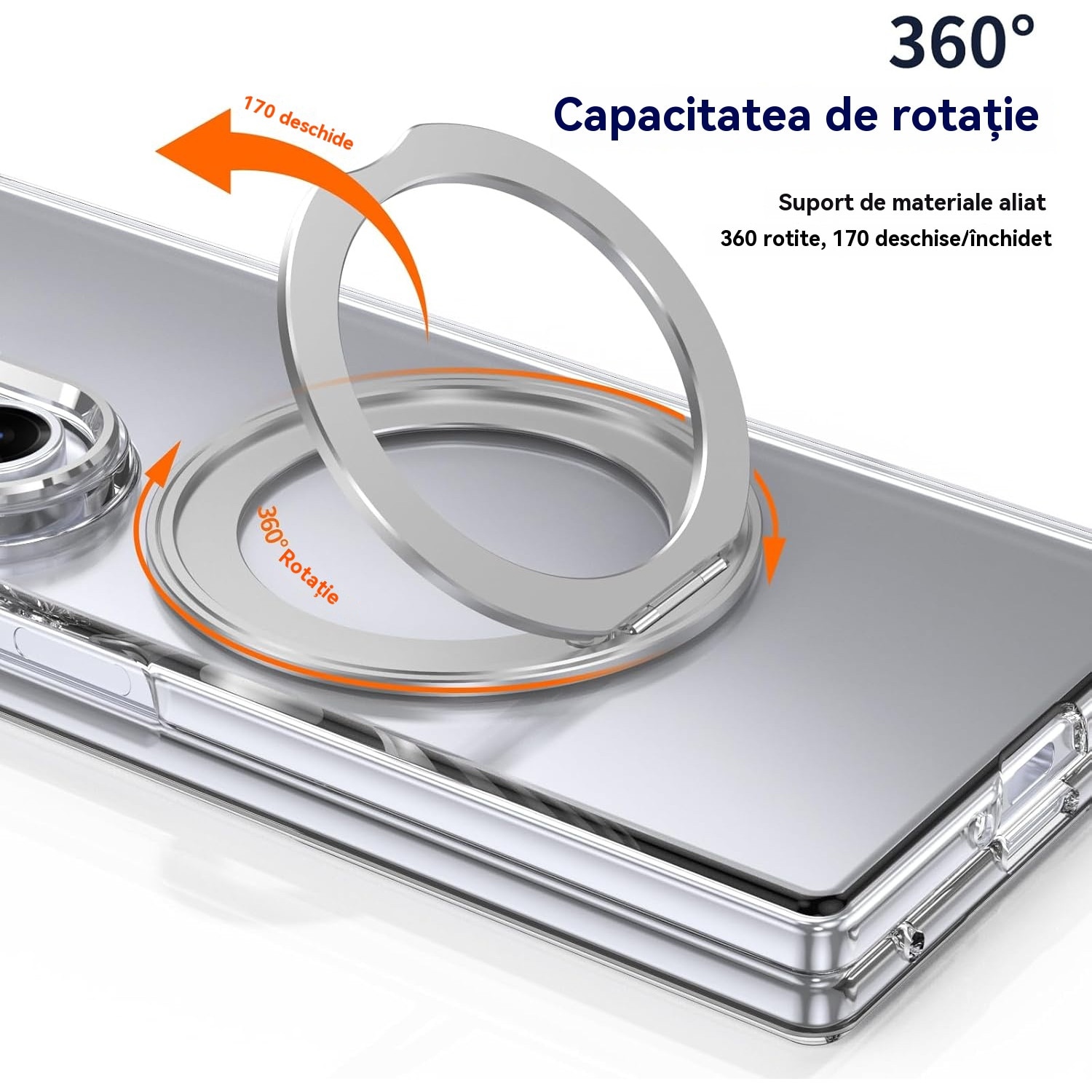 Husa Transparenta, Compatibila cu Samsung Galaxy Z Fold 7, Esther Beauty®, cu Magnet Integrat si Suport Metalic Reglabil si Folie de protectie pentru ecran, Protectie 360°, Argintiu