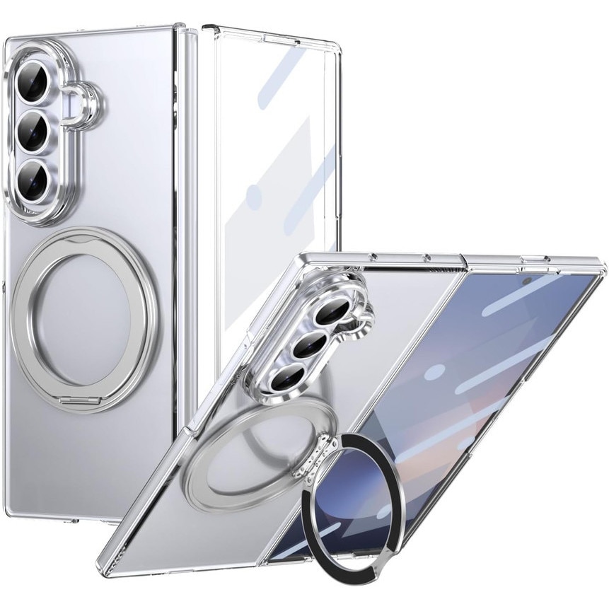 Husa Transparenta, Compatibila cu Samsung Galaxy Z Fold 7, Esther Beauty®, cu Magnet Integrat si Suport Metalic Reglabil si Folie de protectie pentru ecran, Protectie 360°, Argintiu
