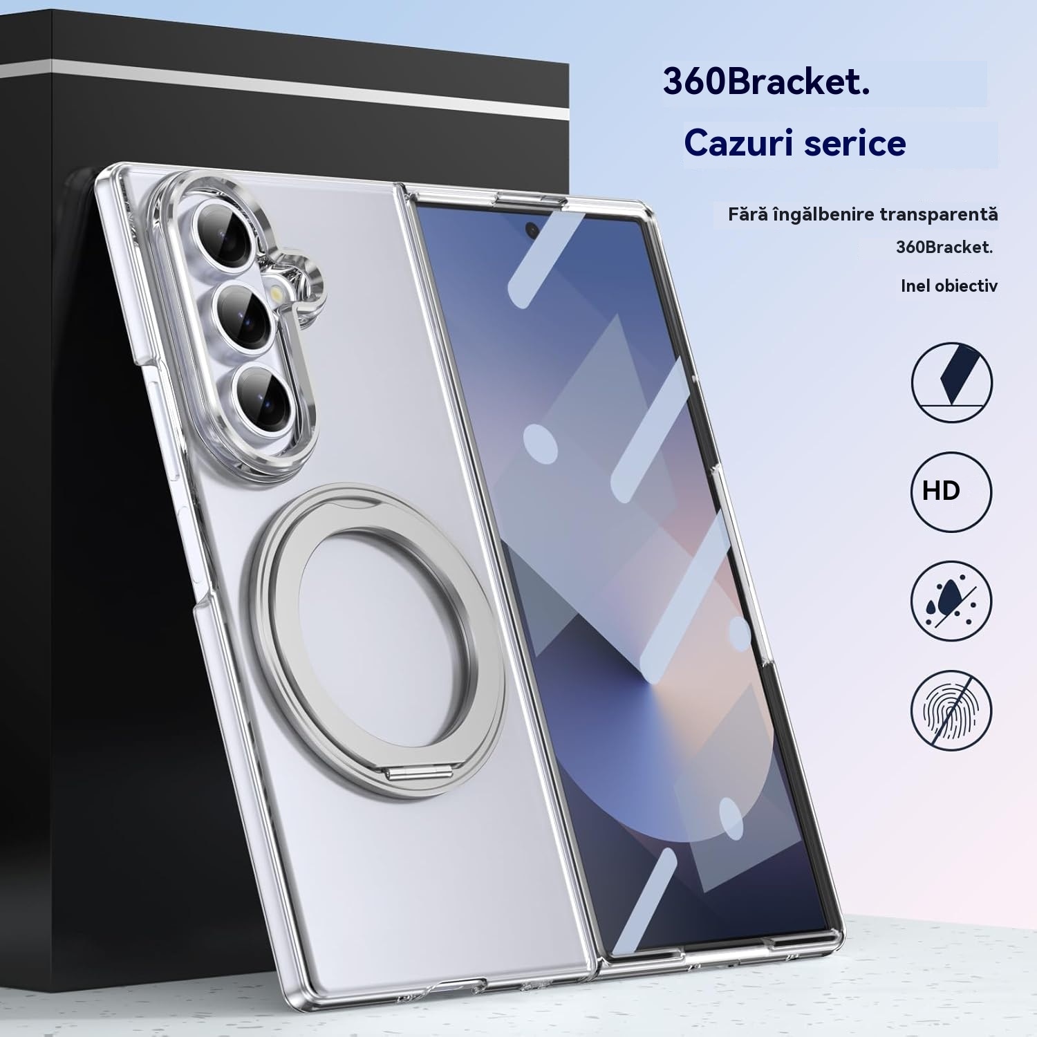 Husa Transparenta, Compatibila cu Samsung Galaxy Z Fold 7, Esther Beauty®, cu Magnet Integrat si Suport Metalic Reglabil si Folie de protectie pentru ecran, Protectie 360°, Argintiu