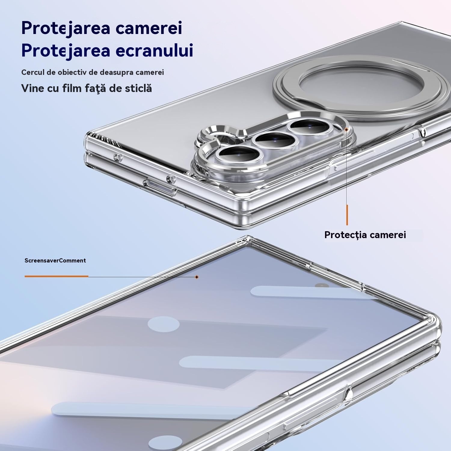 Husa Transparenta, Compatibila cu Samsung Galaxy Z Fold 7, Esther Beauty®, cu Magnet Integrat si Suport Metalic Reglabil si Folie de protectie pentru ecran, Protectie 360°, Argintiu