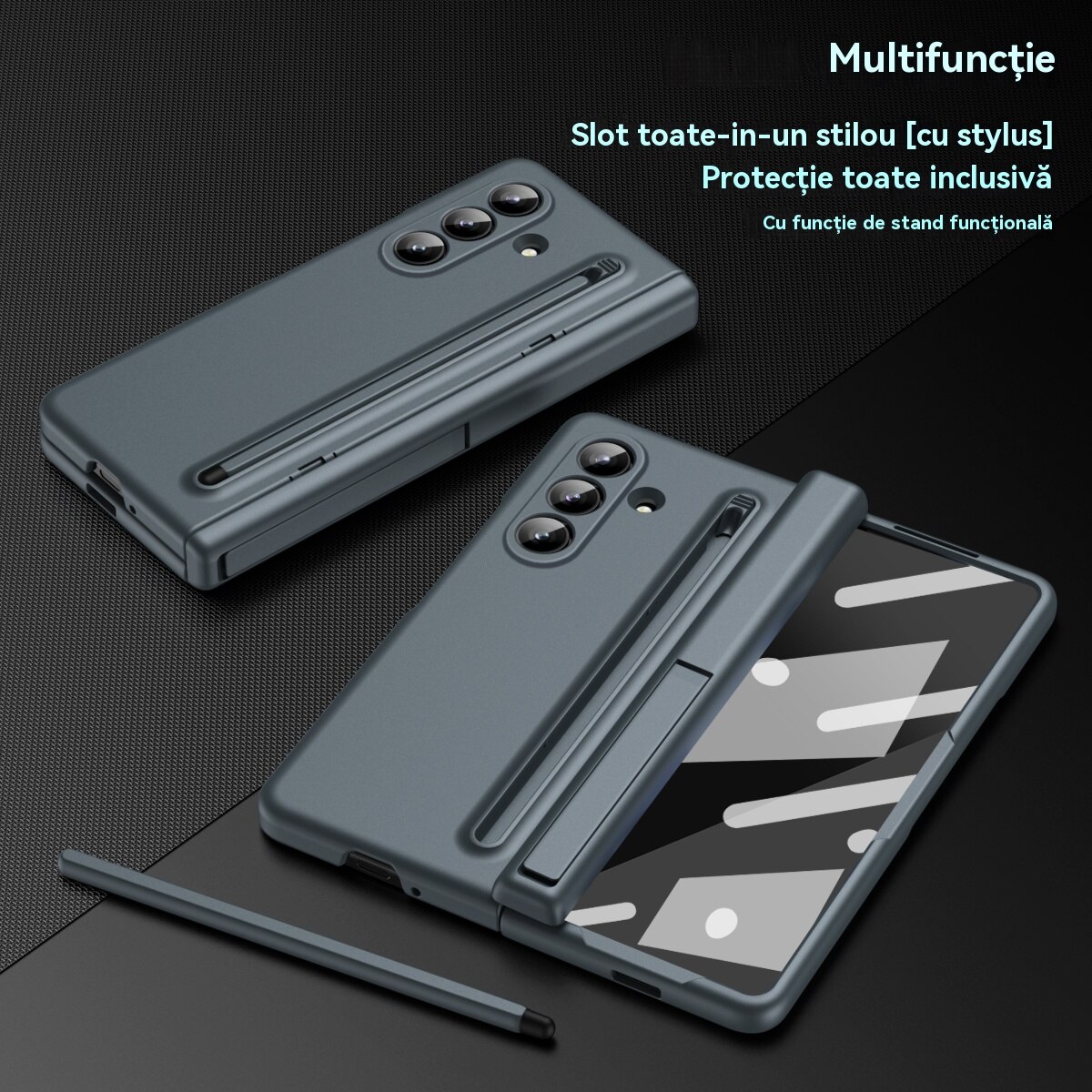 Husa Compatibila cu Samsung Galaxy Z Fold 7 2025, Cu Suport si Slot pentru Stilou/S-Pen, Esther Beauty®, Protectie Completa, Subtire, Rezistenta, Antishoc, Gri