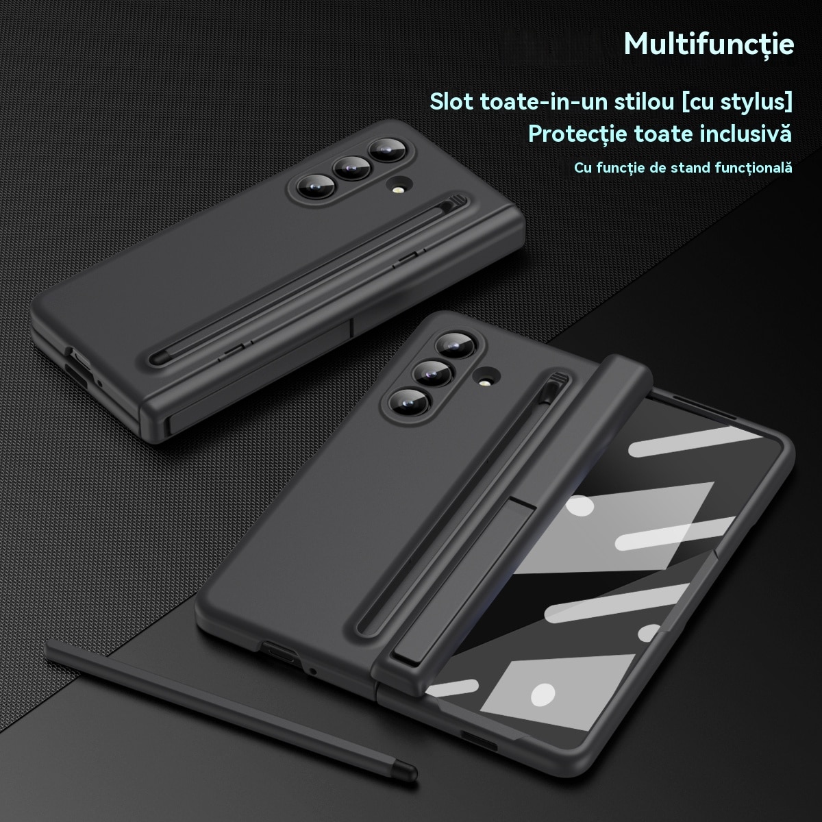 Husa Compatibila cu Samsung Galaxy Z Fold 7 2025, Cu Suport si Slot pentru Stilou/S-Pen, Esther Beauty®, Protectie Completa, Subtire, Rezistenta, Antishoc, Negru