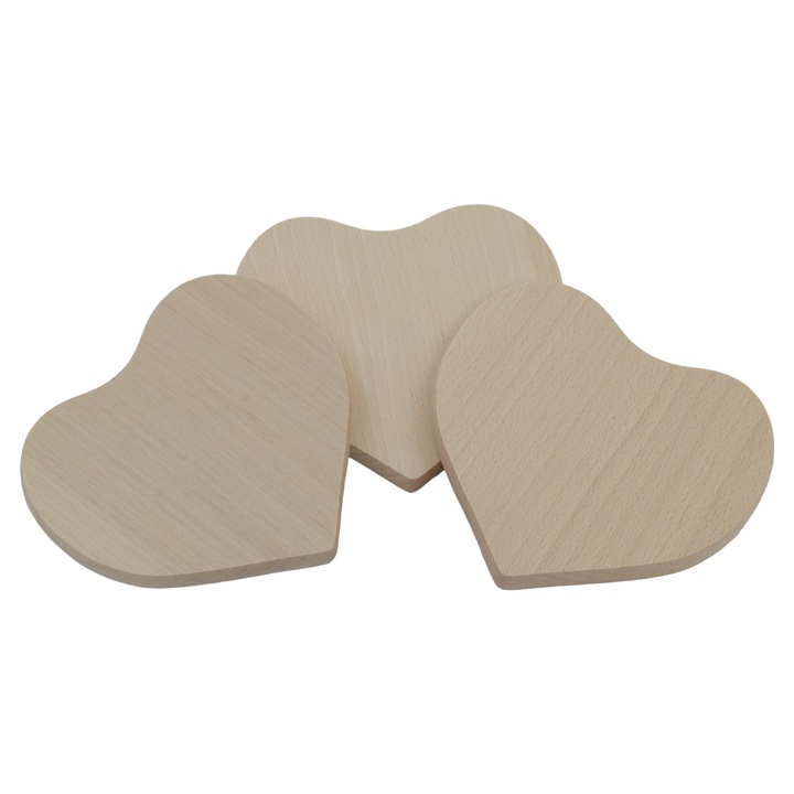 Set 3 suporturi pentru cana din lemn de fag, forma inima, 10x10cm, finisaj natural