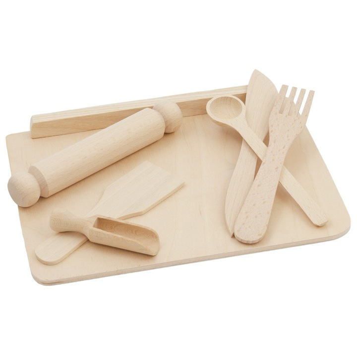 Gyerek konyhai készlet, Peewit, fa evőeszközök, natúr, 7 kiegészítő, 23,5x17cm