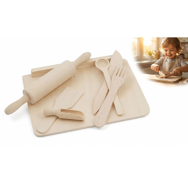 Set jucarie de bucatarie din lemn, Peewit, accesorii incluse, natural, 23,5x17cm