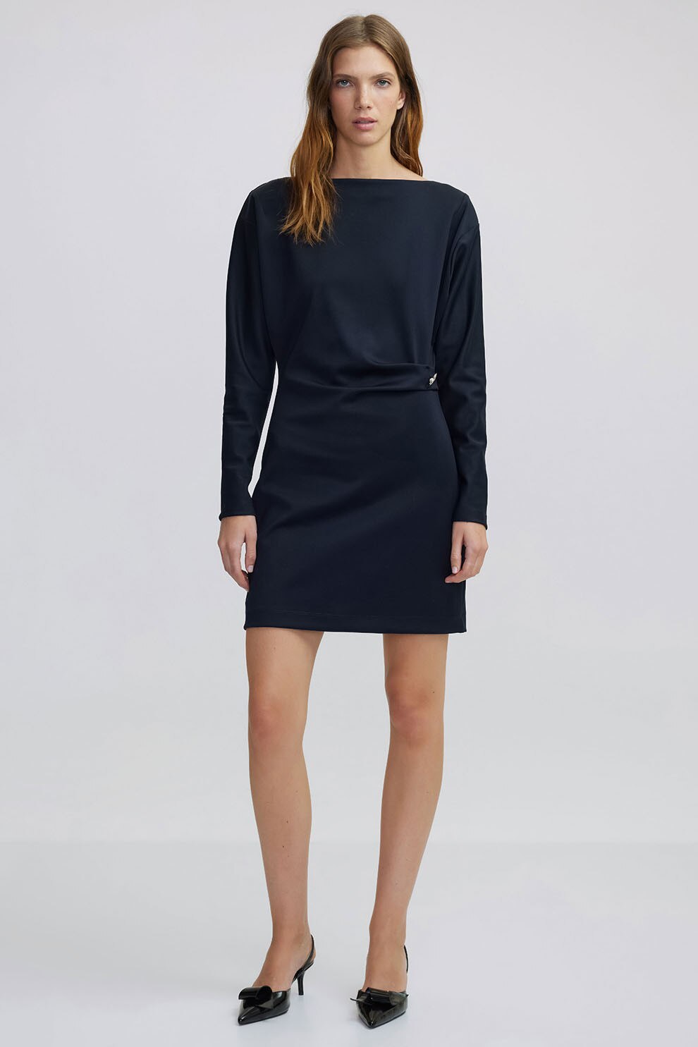 Ipekyol, Rochie scurta cu nasture decorativ tip bijuterie, Albastru ultramarin, 40