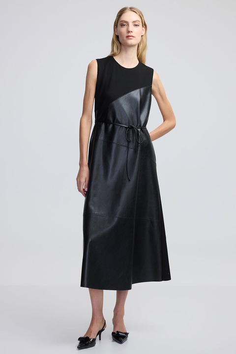 Ipekyol, Rochie din piele ecologica cu segment, Negru