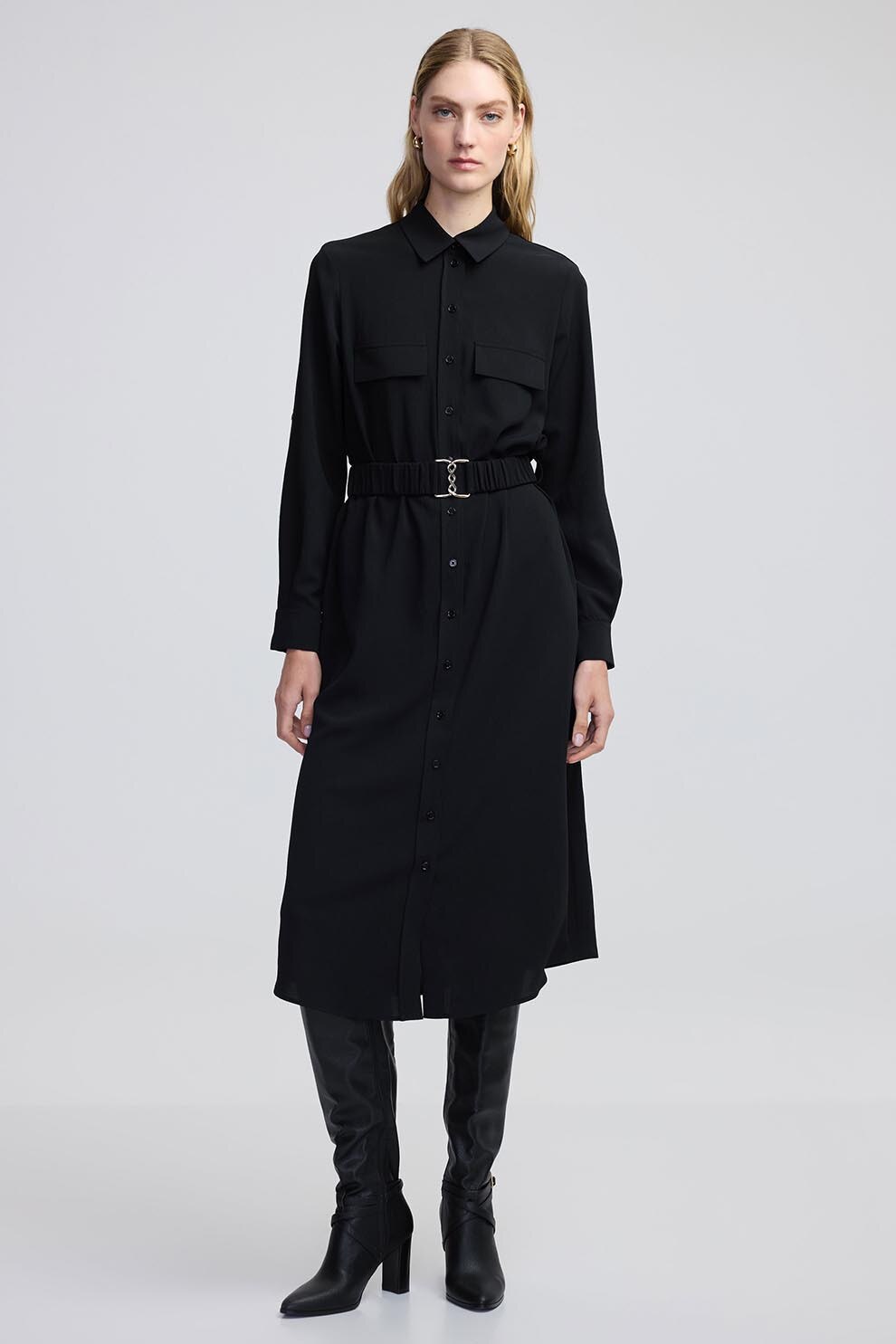 Ipekyol, Rochie-camasa cu curea elastica, Negru stins, 36