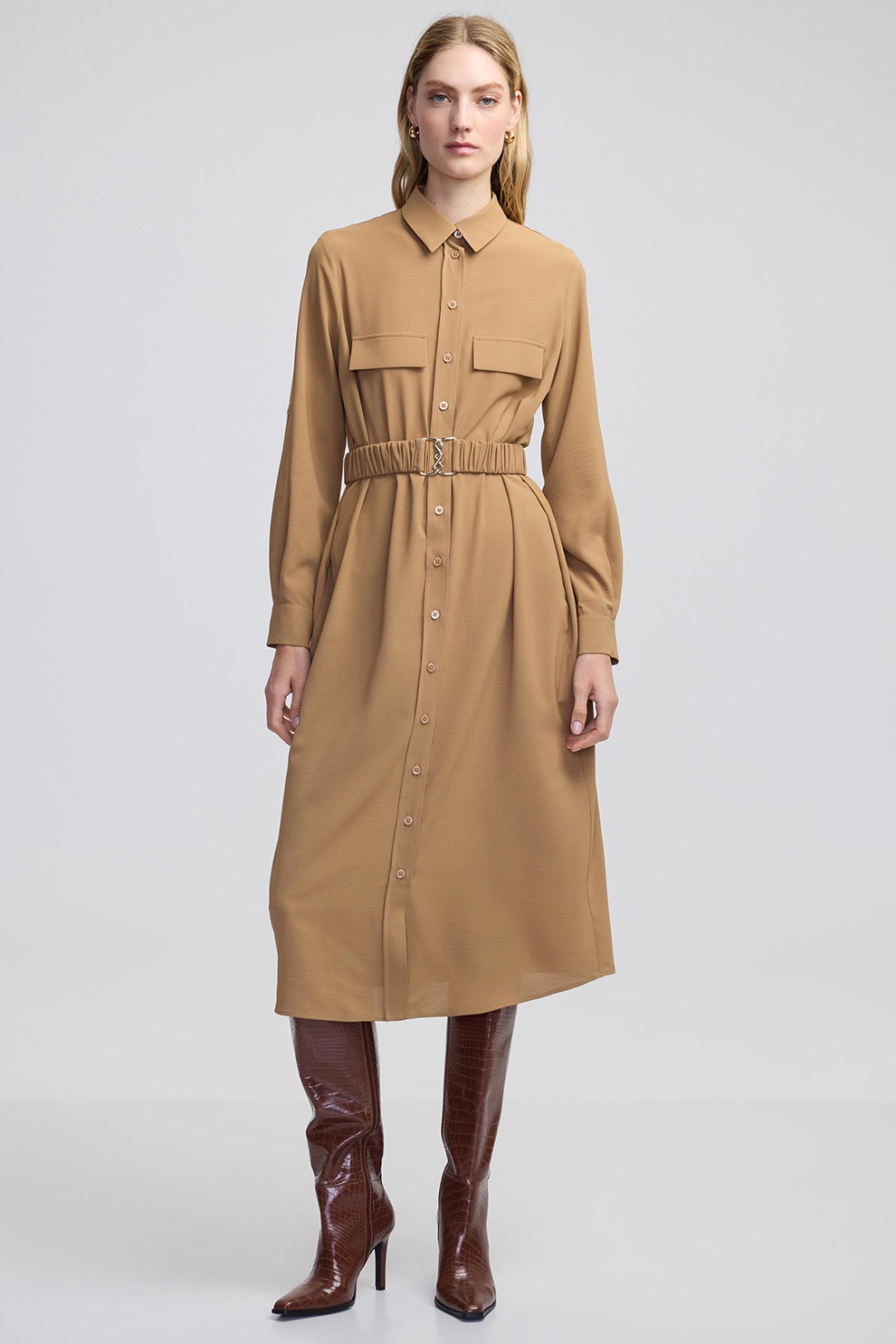 Ipekyol, Rochie-camasa cu curea elastica, Maro nisip, 38