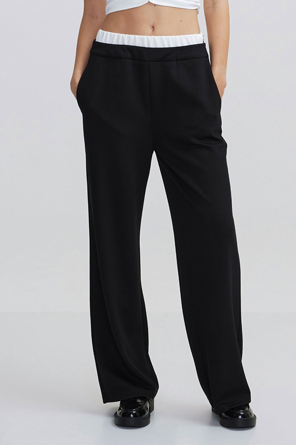 Ipekyol, Pantaloni cu banda dubla in talie, Alb, Negru, XS