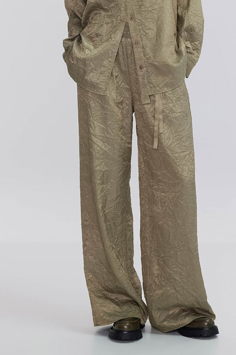 Ipekyol, Pantaloni cu aspect creponat si talie inalta, Verde sparanghel, 36