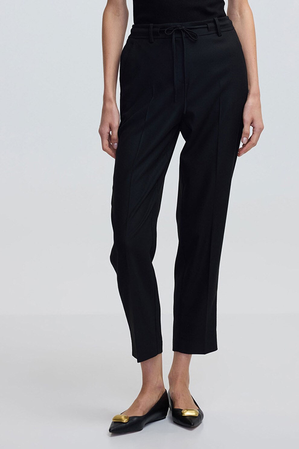 Ipekyol, Pantaloni crop cu snur in talie, Negru stins, 36