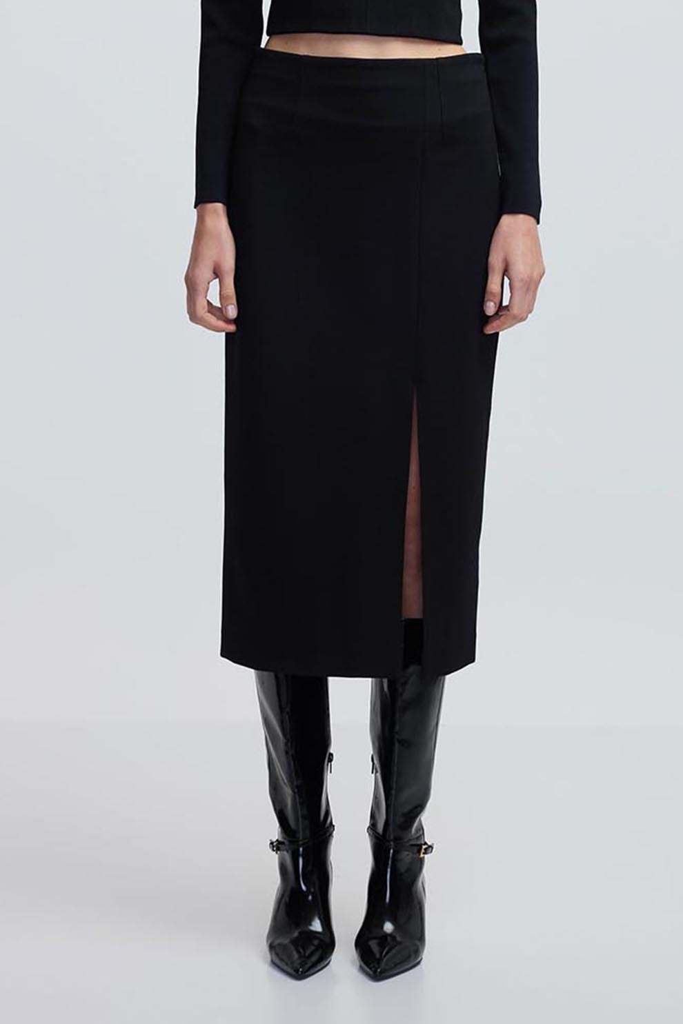 Ipekyol, Fusta midi uni cu slit frontal, Negru, 38