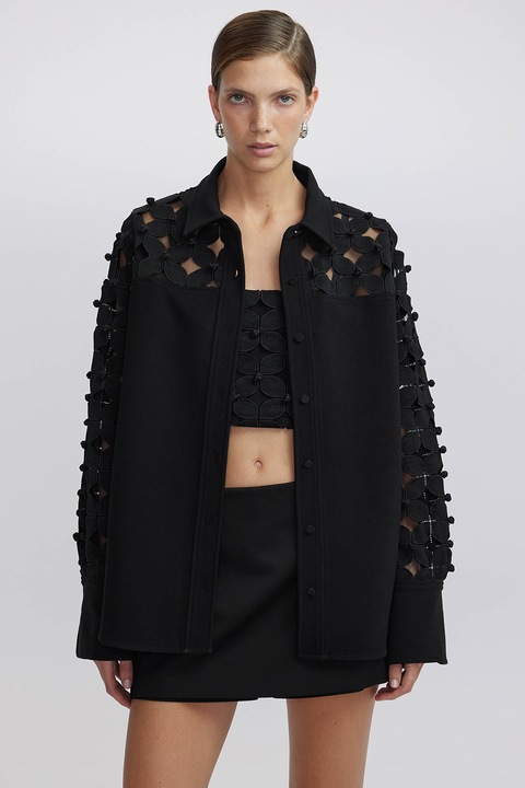 Ipekyol, Jacheta-camasa cu detalii decupate si model floral, Negru/Transparent