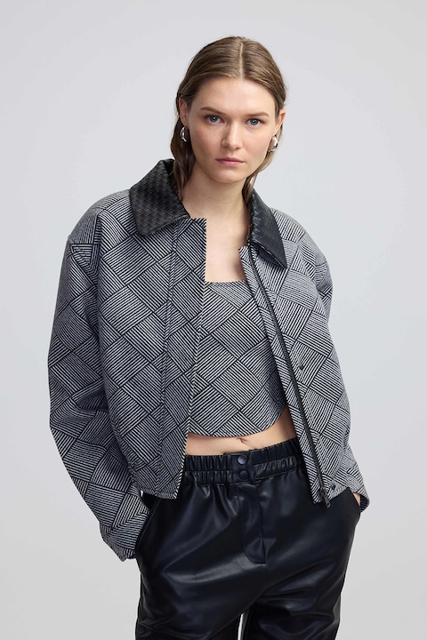 Ipekyol, Jacheta supradimensionata cu buzunare laterale si model in carouri, Negru/Gri