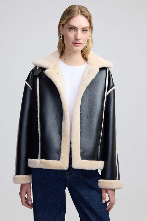 Ipekyol, Jacheta de piele ecologica cu detalii de blana sintetica, Negru/Bej