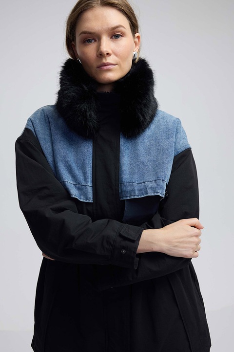 Ipekyol, Jacheta cu detalii de blana sintetica si denim, Negru/Albastru melange