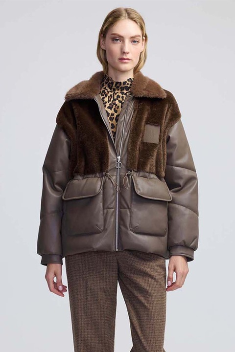 Ipekyol, Geaca cu insertii de blana sintetica, Maro, 40