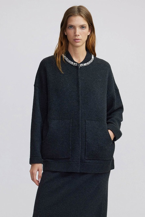 Ipekyol, Cardigan din amestec de lana cu aplicatii din strasuri, Negru stins/Transparent