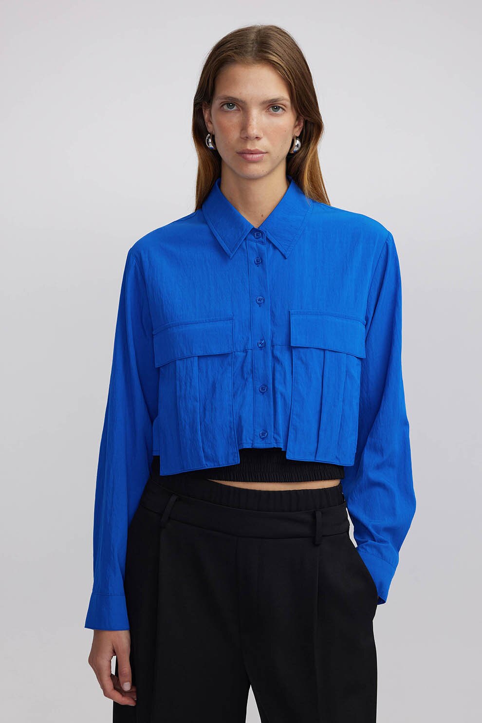 Ipekyol, Camasa crop de bumbac, Negru, Albastru royal, 36