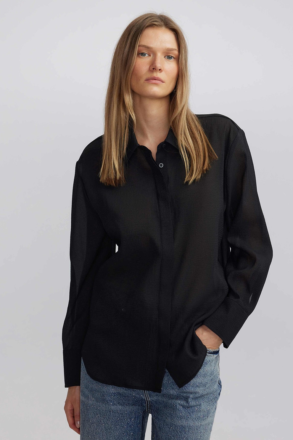 Ipekyol, Camasa regular fit transparenta, Negru, 36