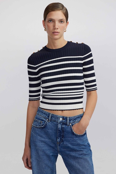 Ipekyol, Pulover crop cu nasturi decorativi si dungi, Alb/Albastru ultramarin