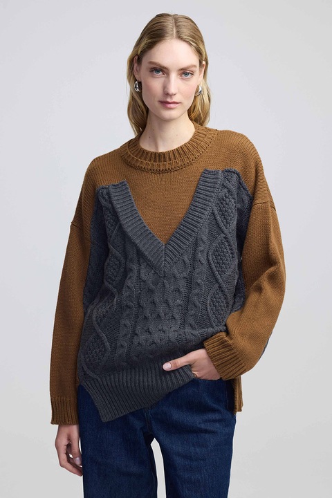 Ipekyol, Pulover cu design 2-in-1, Maro scortisoara/Gri inchis