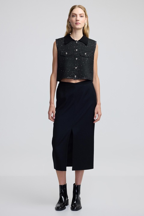 Ipekyol, Bluza crop cu insertii din lurex, Negru/Argintiu