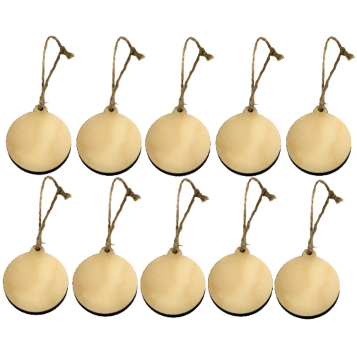 Set 10 globuri de Craciun din lemn, 6cm, cu sfoara, naturale