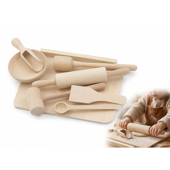 Set de bucatarie din lemn pentru copii, Peewit, 8 piese, culori naturale, dimensiuni variate