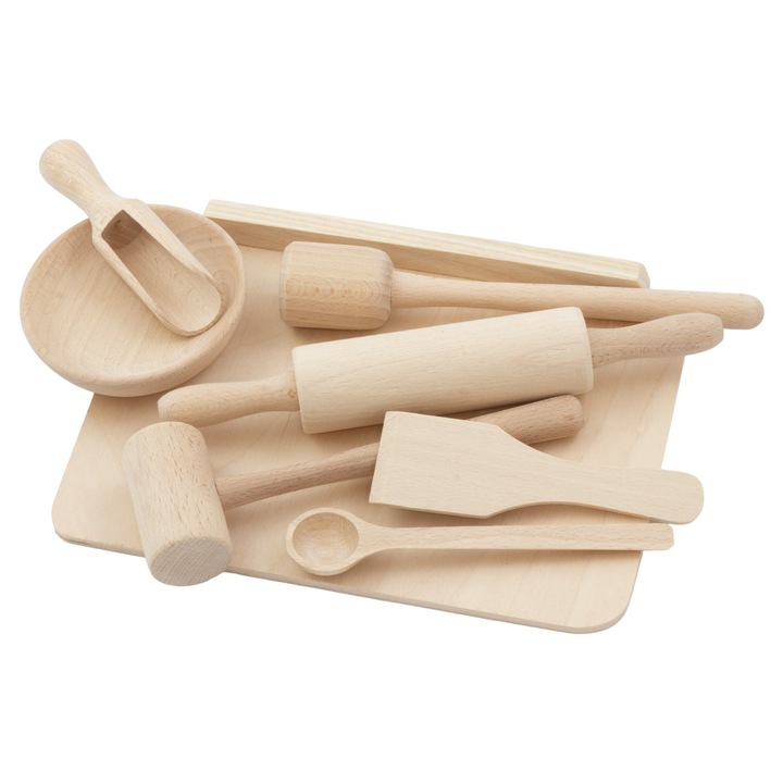 Fa konyhabútor szett gyerekeknek, Peewit, 8 darabos, natúr színek, különböző méretek