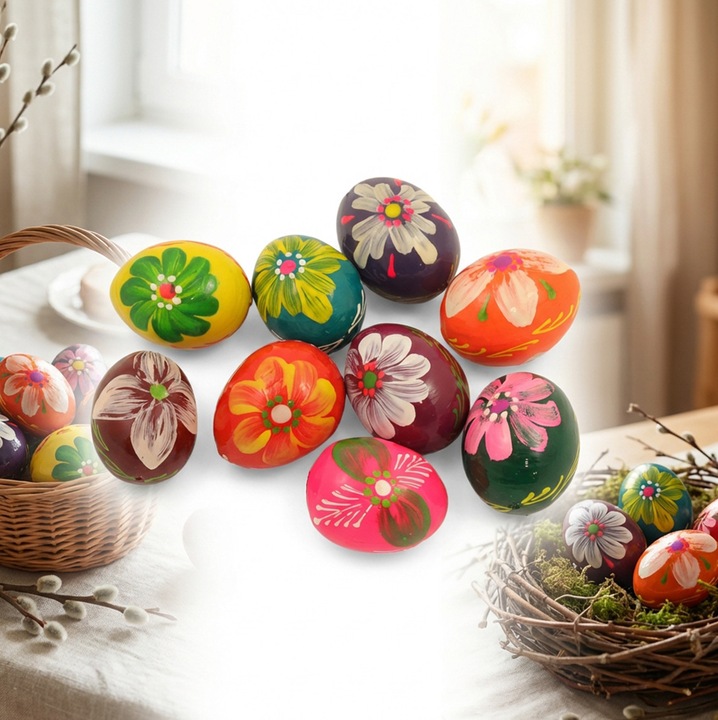 Set 10 Pisanki din lemn, peewit, decorate manual, multicolor, 4x3cm