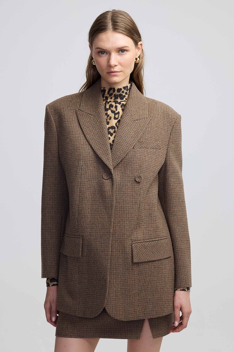 Ipekyol, Sacou din amestec de lana cu model in carouri, Negru/Maro, 38