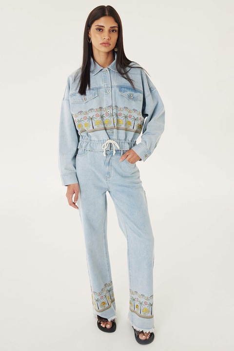 TWIST, Blugi cu detalii brodate si terminatie nefinisata, Verde/Albastru deschis/Galben mustar, 38