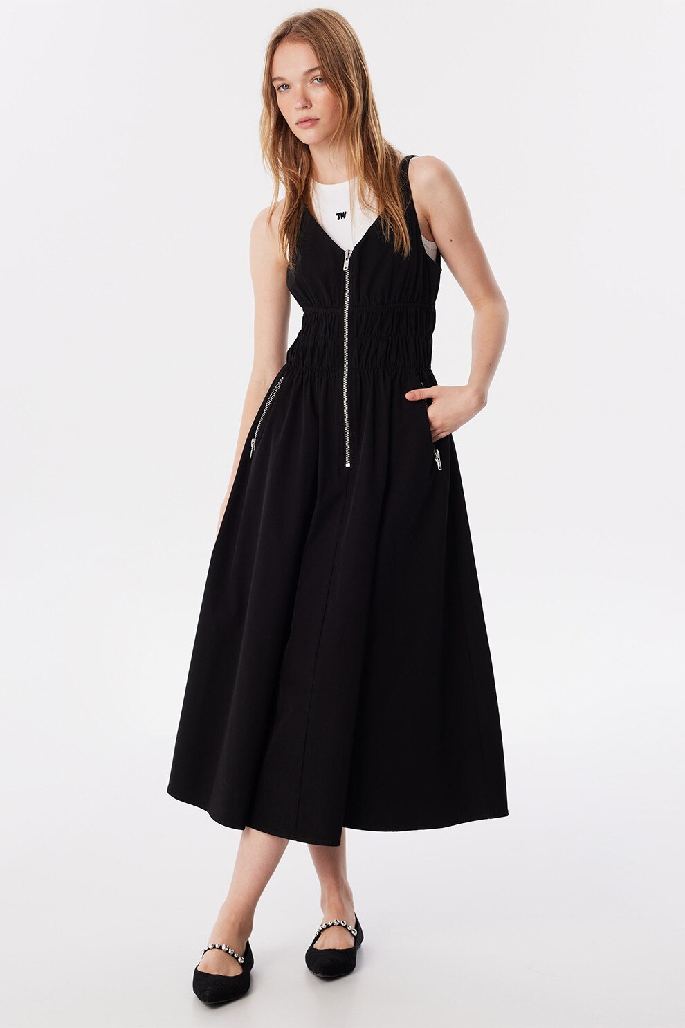Twist, Rochie midi cu buzunare laterale, Negru, 34