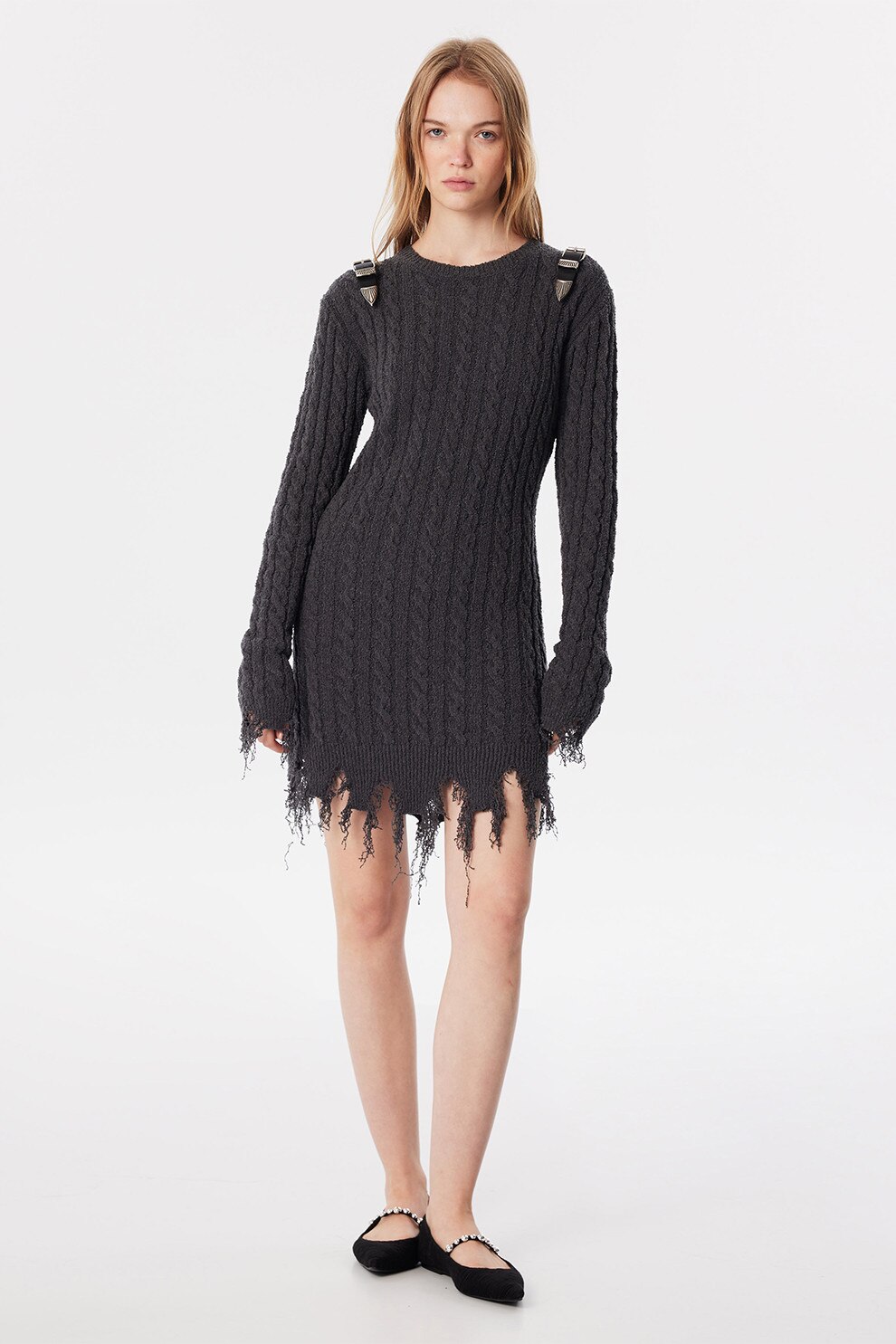 Twist, Rochie cu margini nefinisate, Gri inchis, 36