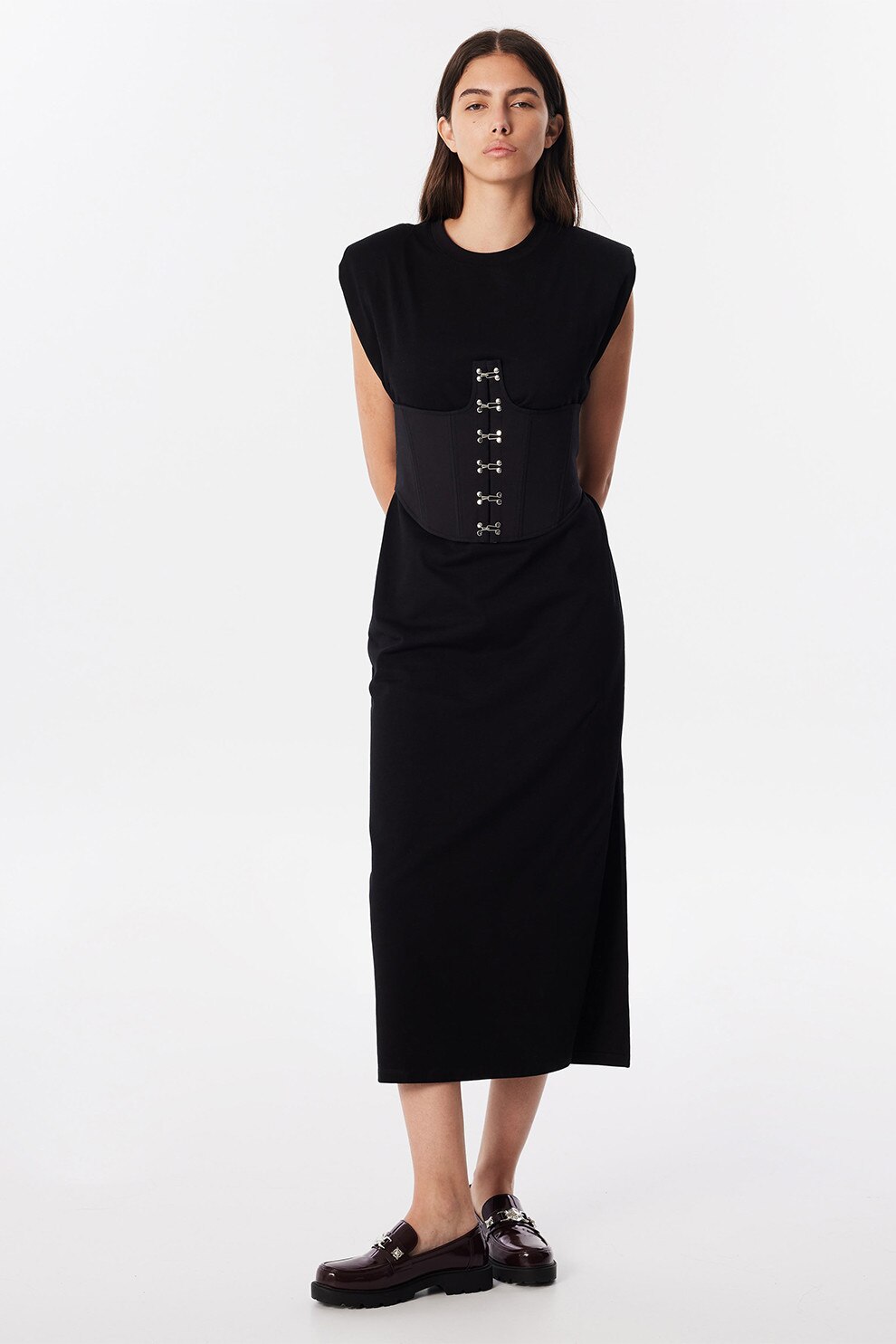 Twist, Rochie midi cu o curea in talie, Negru, 36