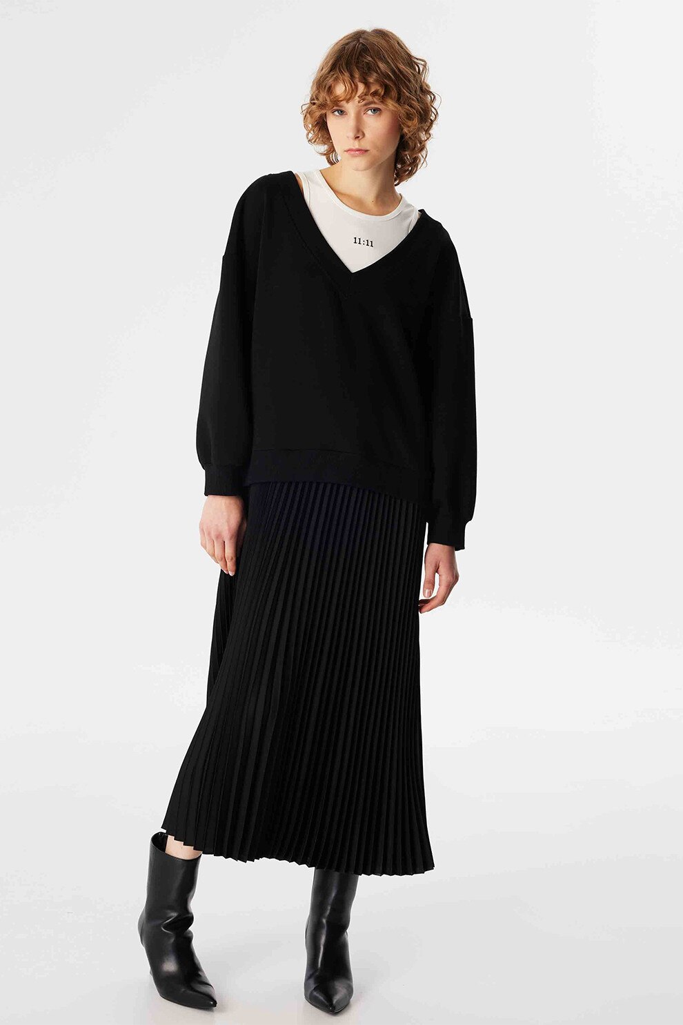 Twist, Rochie midi cu aspect 2in1 si model cu pliuri, Negru, 38
