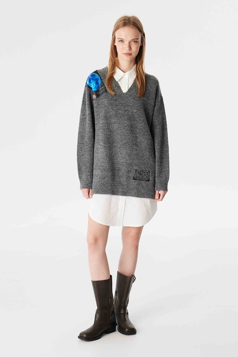 Twist, Rochie mini din amestec de lana cu aspect 2in1, Gri inchis melange