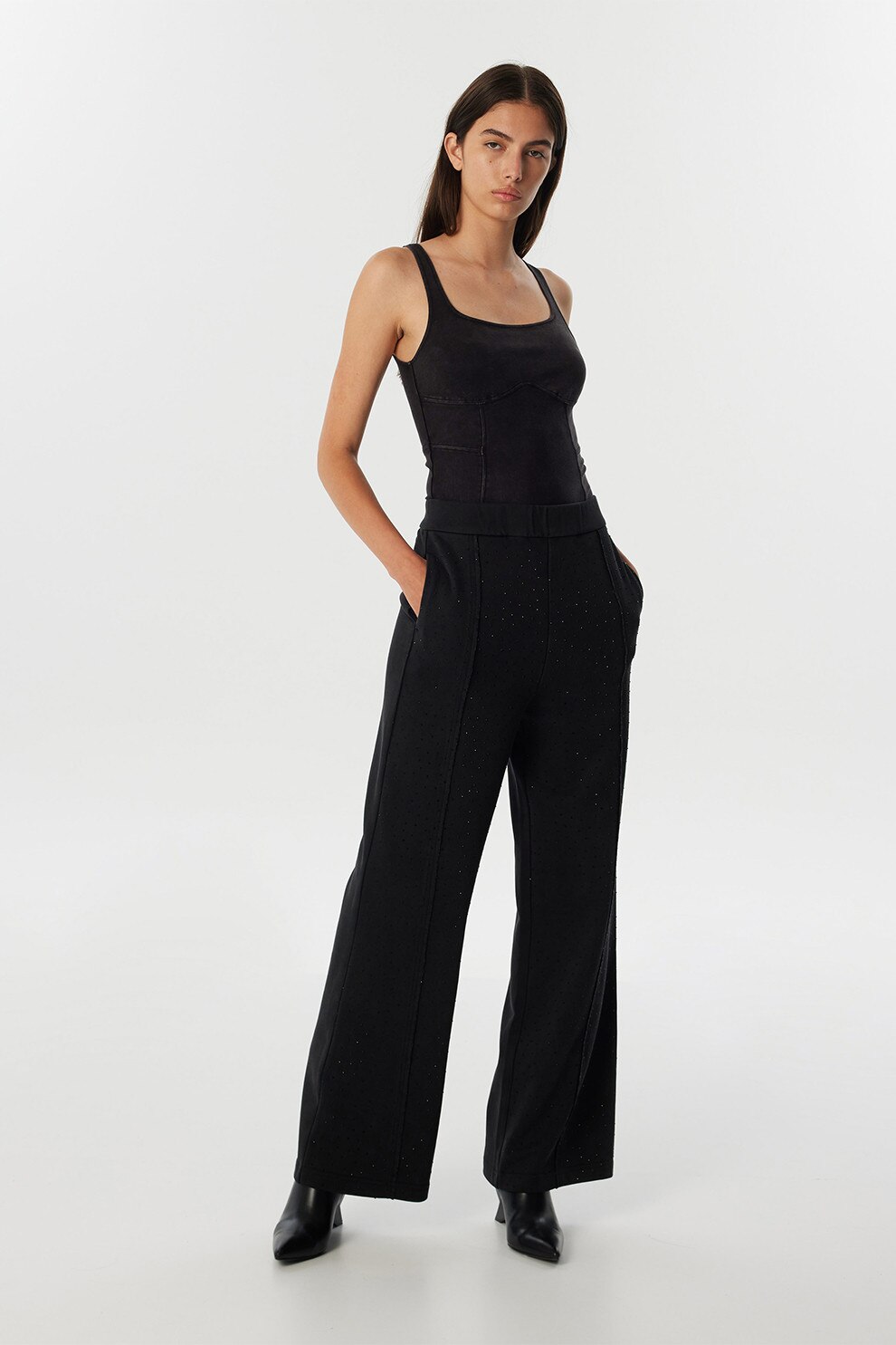 Twist, Pantaloni cu croiala ampla si aplicatii de strasuri, Negru, S