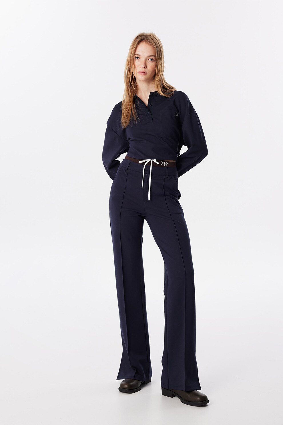 Twist, Pantaloni cu talie inalta si slituri laterale, Bleumarin, 36