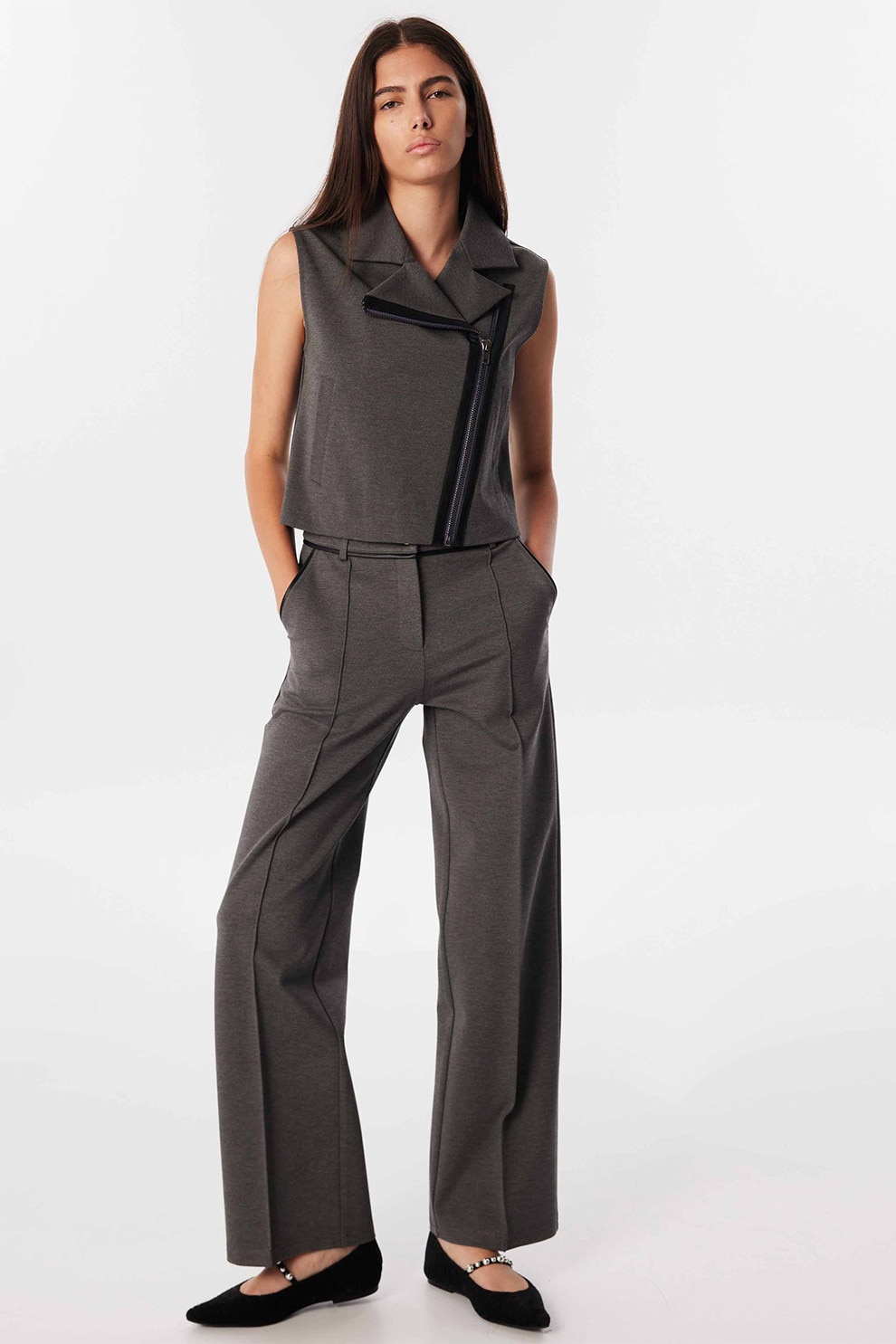 Twist, Pantaloni drepti cu doua buzunare oblice, Gri deschis melange, 34