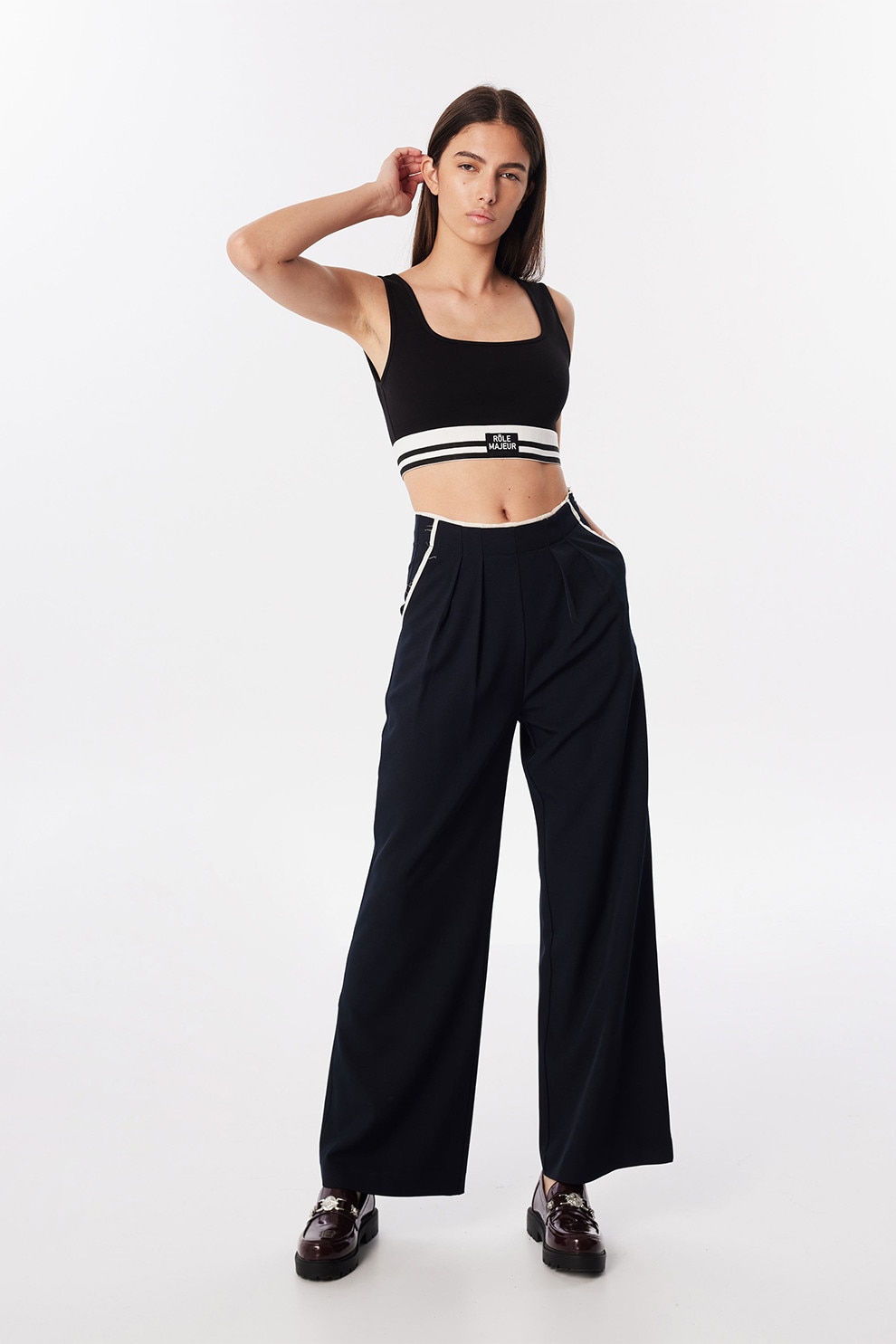 Twist, Pantaloni relaxed fit cu talie medie, Alb optic, Bleumarin, 38
