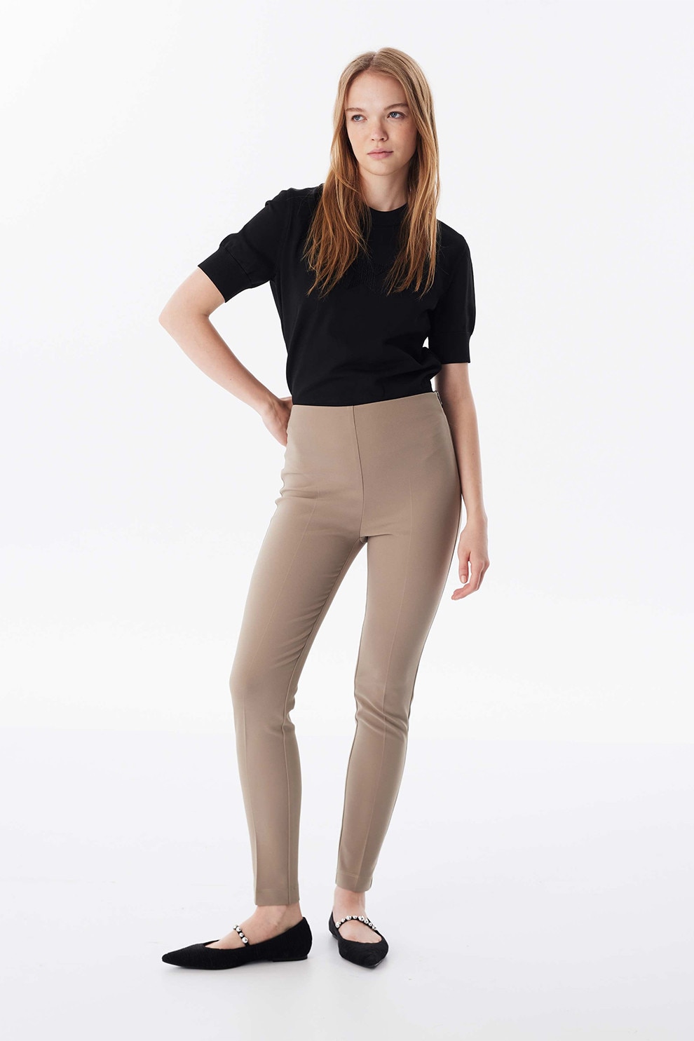 Twist, Pantaloni skinny cu talie inalta, Maro nisip, 36