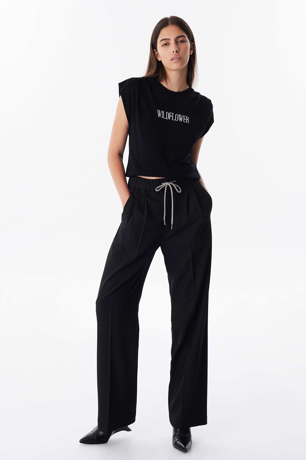 TWIST, Pantaloni cu croiala ampla si talie ajustabila, Negru stins, 34