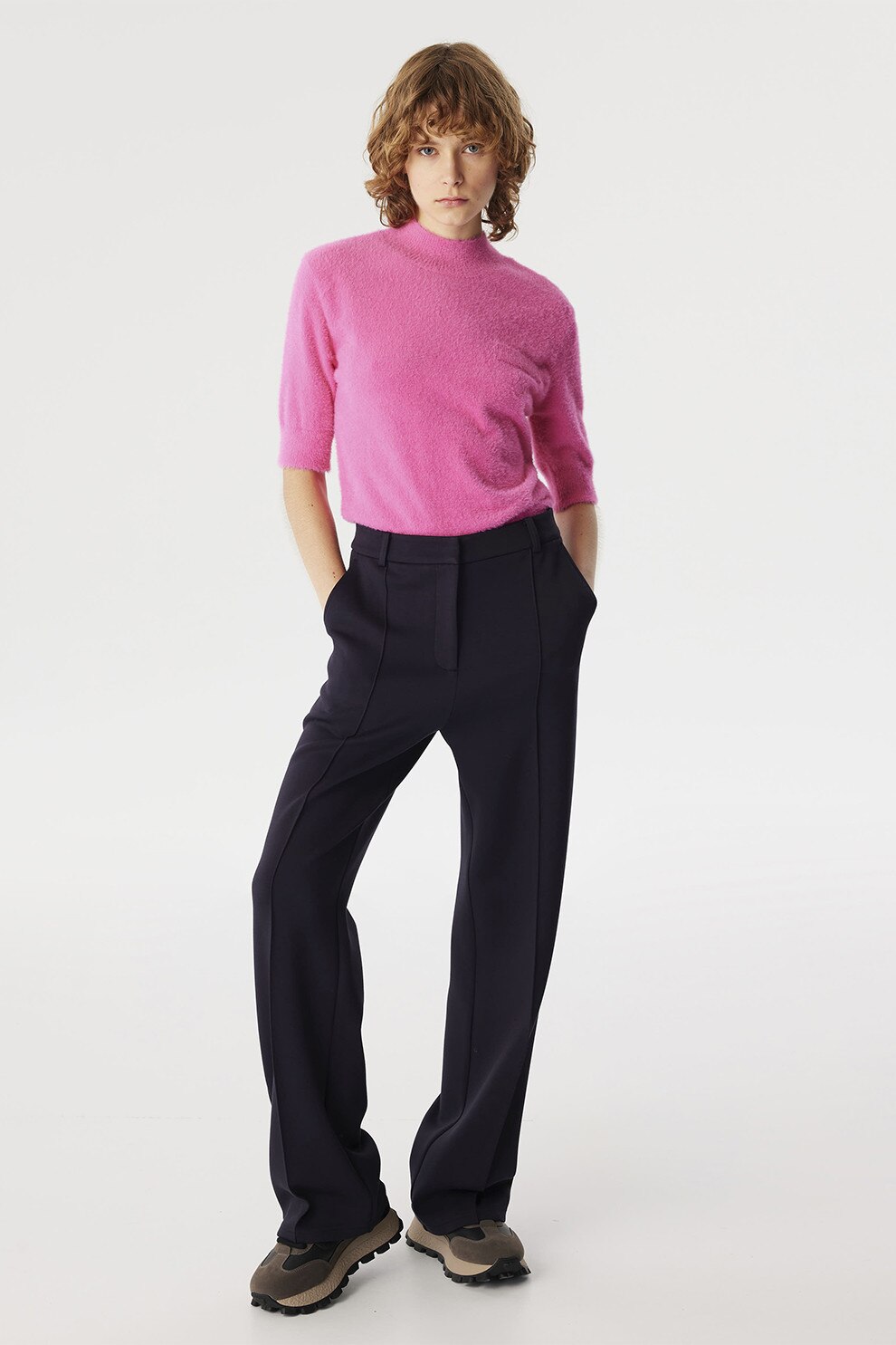 Twist, Pantaloni cu croiala ampla si buzunare laterale, Negru, S