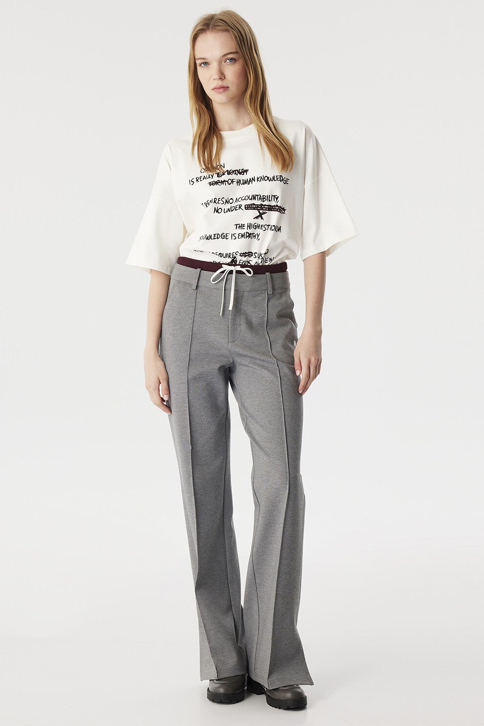 Twist, Pantaloni uni cu snur in talie, Gri deschis melange, 38